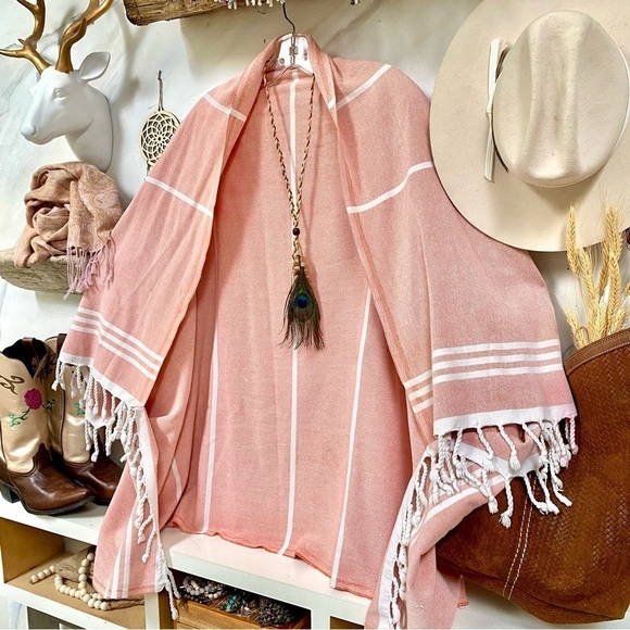 Beach Cape cocoon cover up Turkish upcycled towel w fringe & cabin beach vibe - Picture 5 of 9